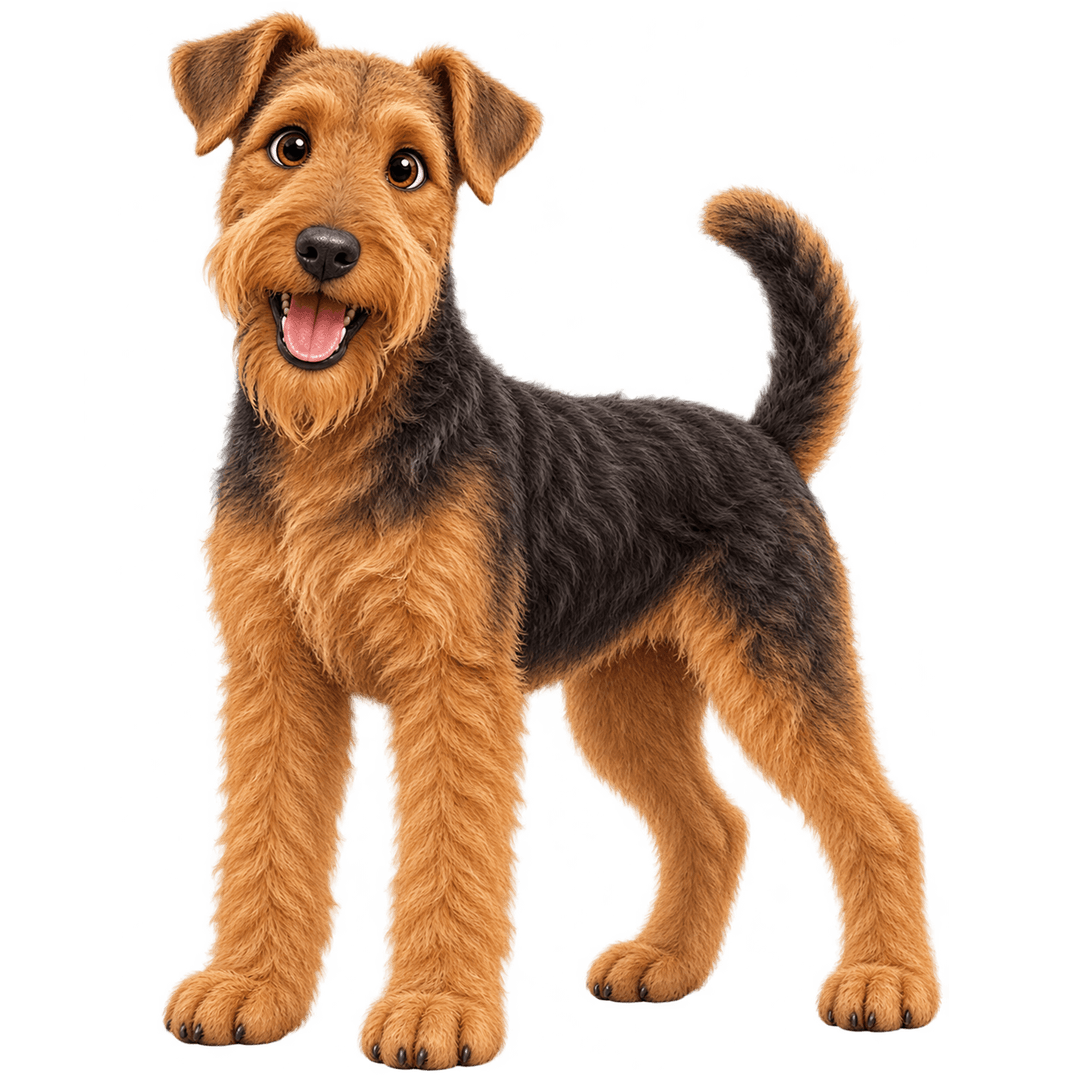 Airedale Terrier nero e focato in stile Wefido su sfondo trasparente