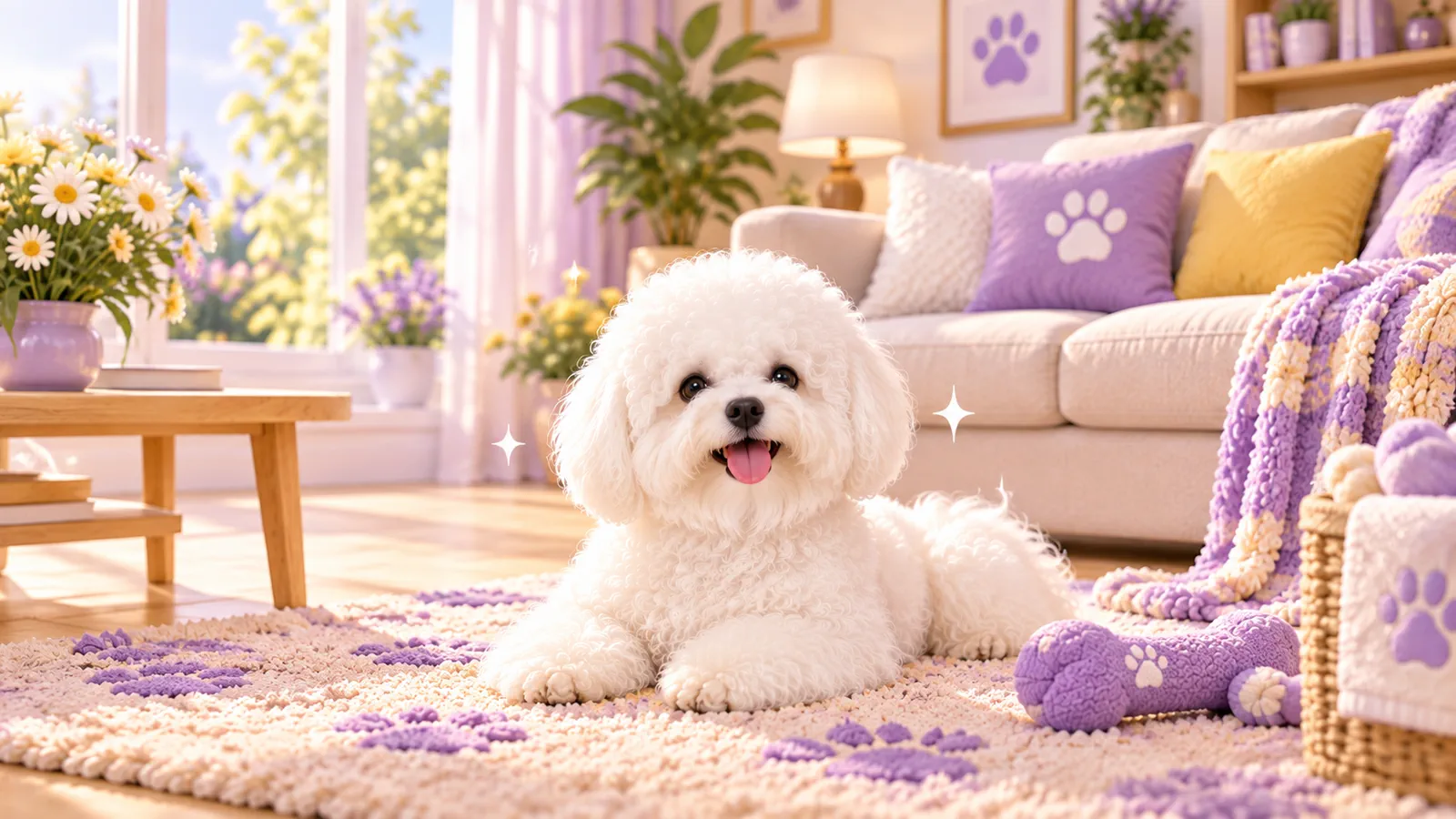 Bichon Frisé bianco su un tappeto chiaro davanti a un divano con cuscini lilla.