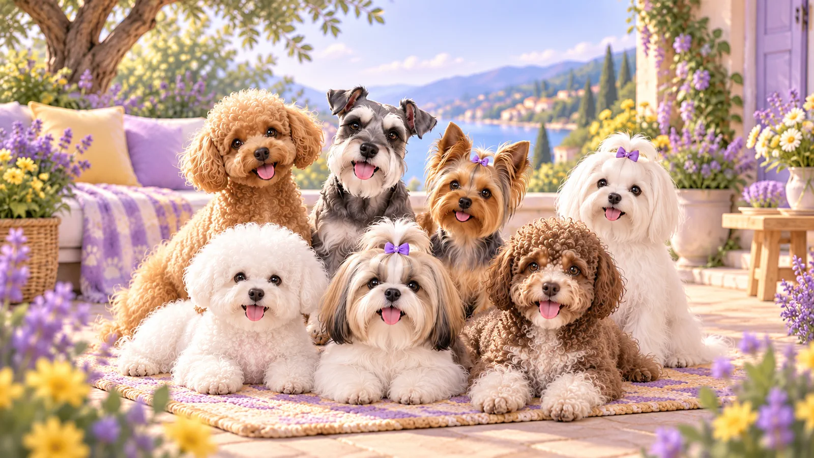 Gruppo di cani con mantelli ricci e setosi su una terrazza fiorita.