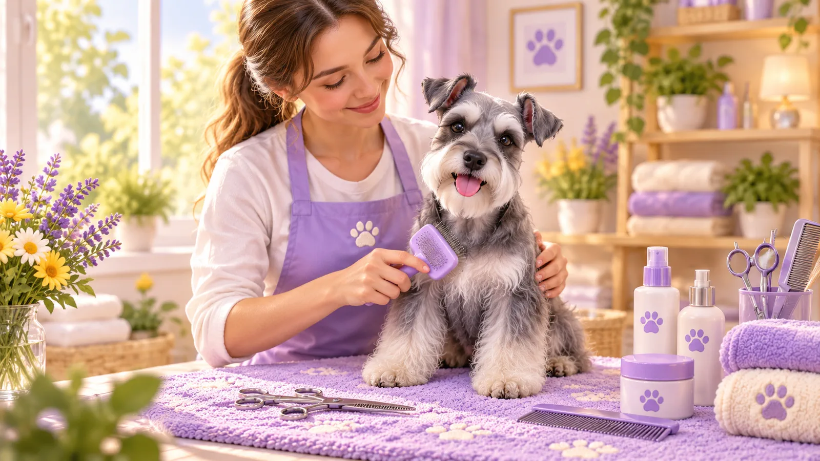 Toelettatrice con uno Schnauzer Nano su un piano attrezzato con spazzole e pettini.