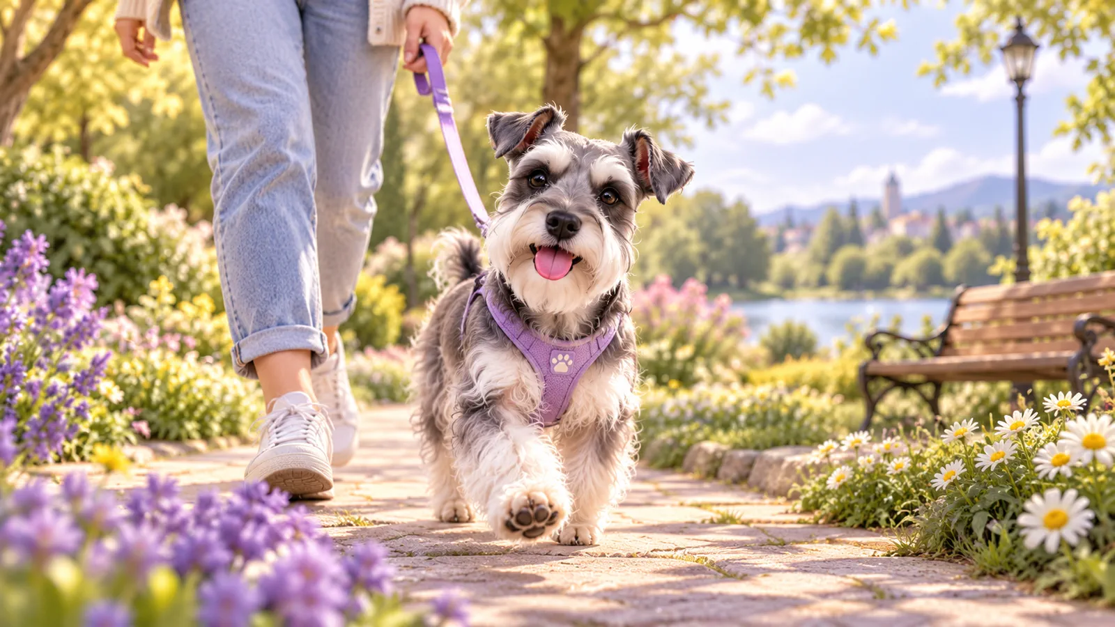 Schnauzer Nano con pettorina lilla in passeggiata al guinzaglio su un sentiero fiorito.