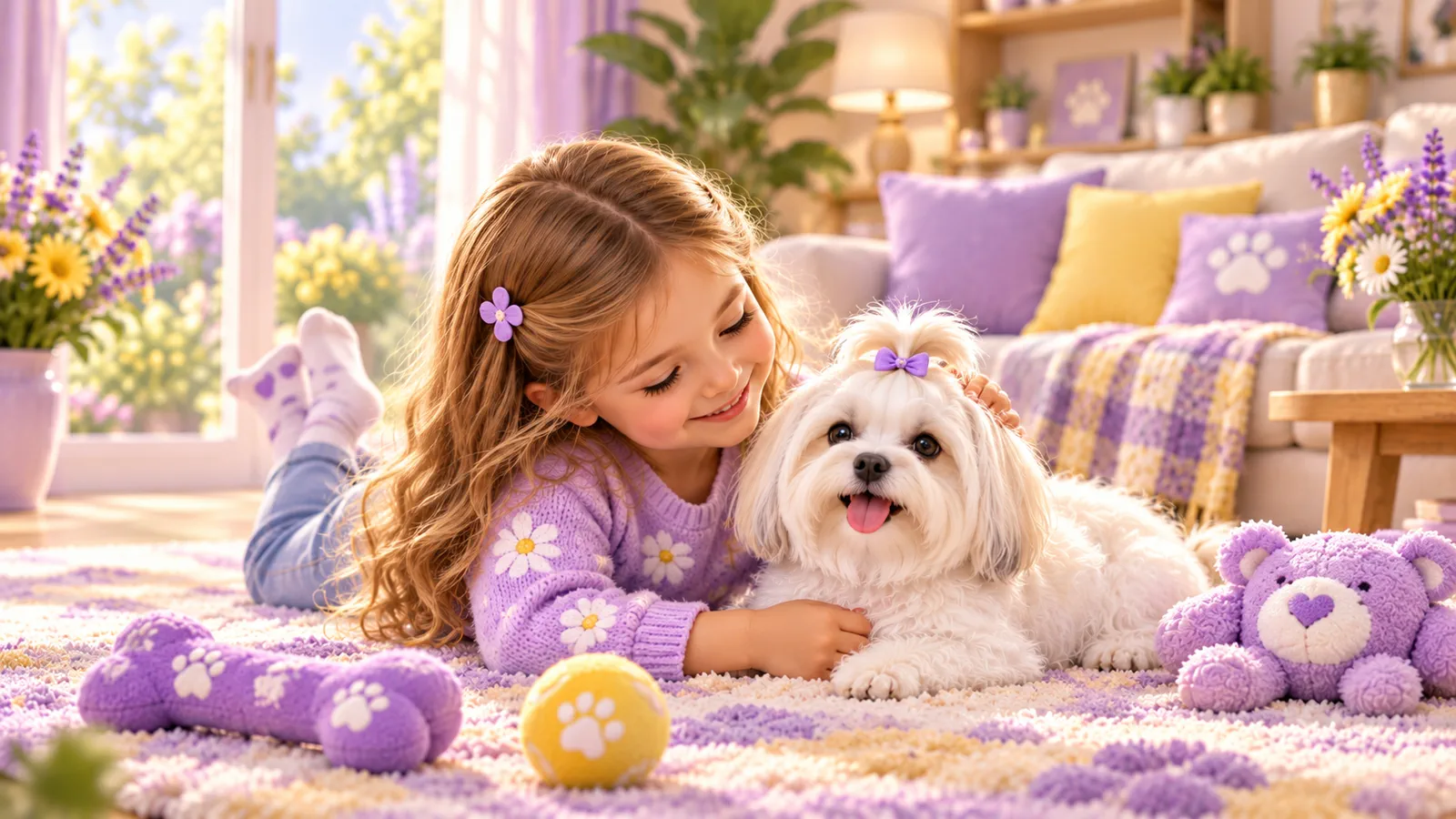 Una bambina accanto a un Maltese bianco sul tappeto di un salotto dai toni lilla.
