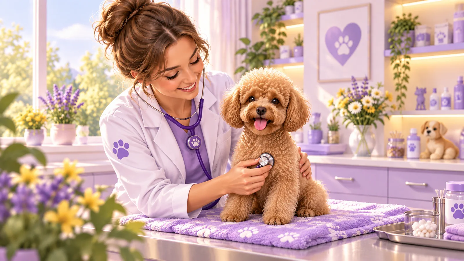 Veterinaria che visita un Barbone albicocca in un ambulatorio luminoso.