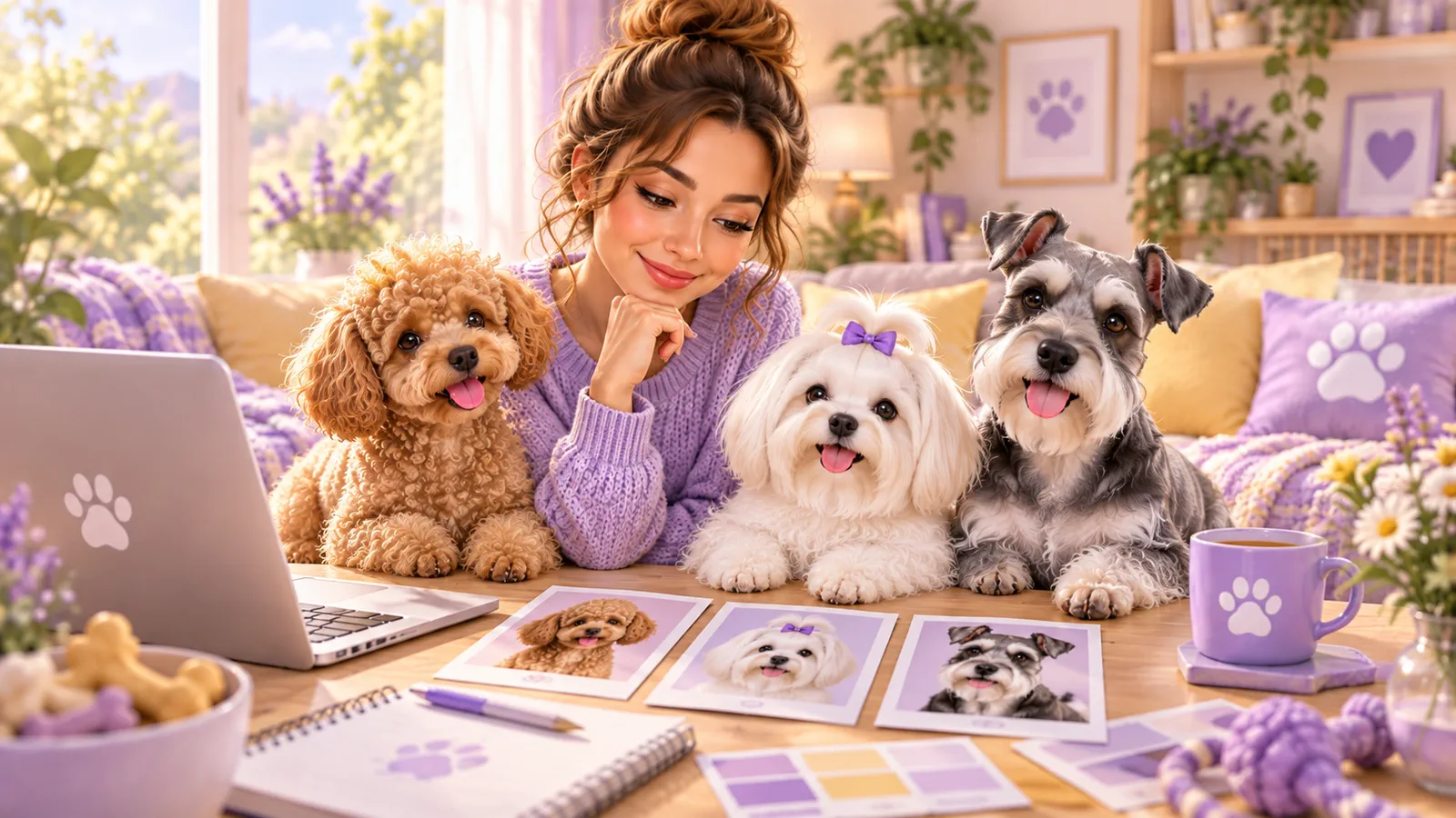 Una donna confronta schede di cani alla scrivania con tre cani accanto.