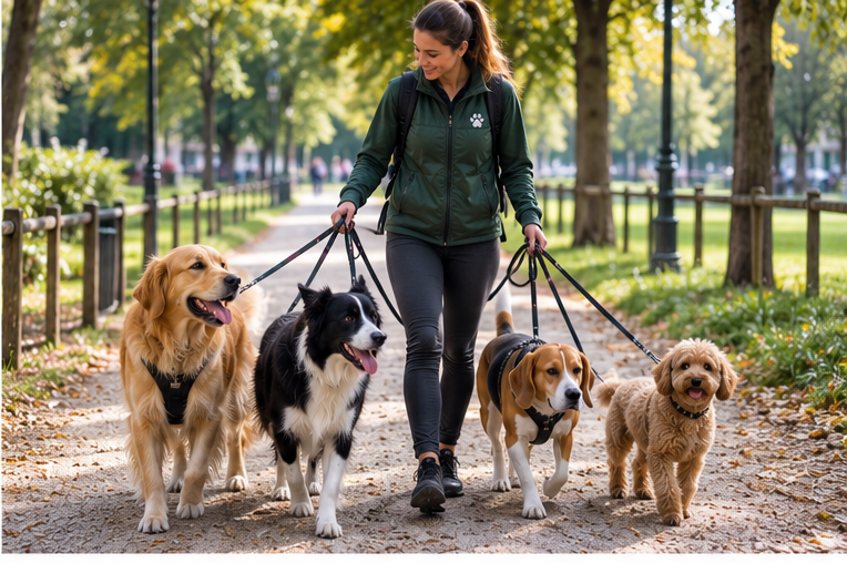 Dog sitter durante una passeggiata controllata con più cani