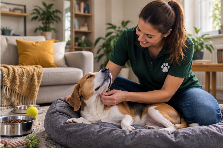 Dog sitter che si prende cura di un cane a domicilio