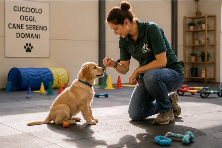 Educatore cinofilo durante una sessione adatta a un cucciolo