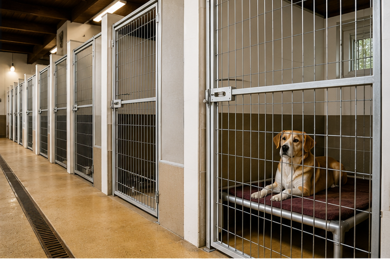 Box individuale pulito in una pensione per cani
