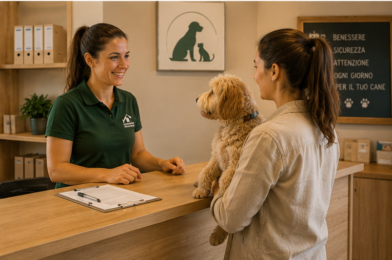 Proprietaria che affida il cane a una pensione professionale