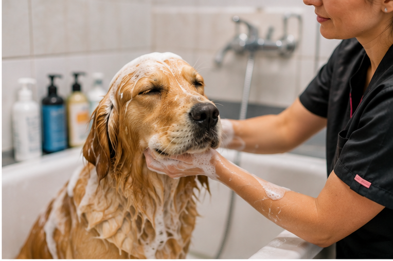 Bagno professionale durante la toelettatura di un cane