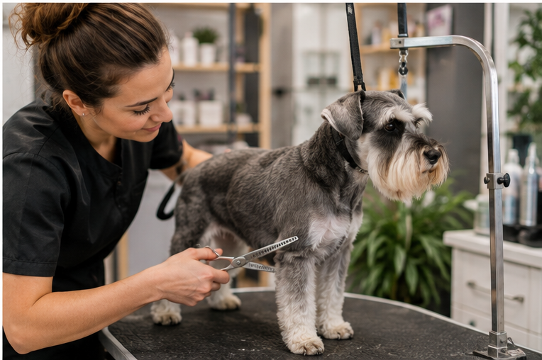 Toelettatore professionista al lavoro con un cane