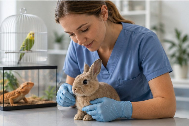 Veterinario durante il controllo di un coniglio