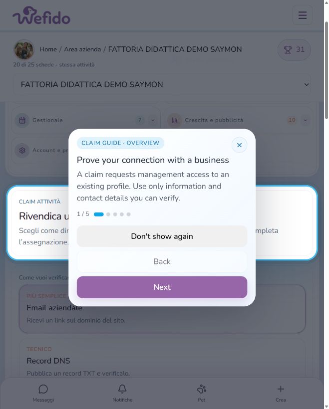 Request access to manage a business profile: Open the management request area