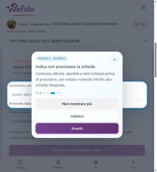 Richiedere la gestione di una scheda: Indica la scheda e i dati richiesti