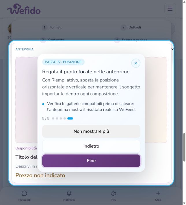 Come pubblicare nella Bacheca pet: Regola il punto focale e controlla