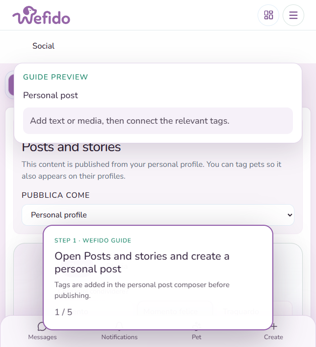 Add your pet to a breed or place page with tags: Open Posts and stories and create a new post from your personal profile
