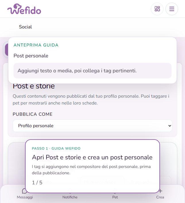 Aggiungere il pet a una scheda razza o a un luogo con i tag: Apri Post e storie e crea un nuovo post dal profilo personale