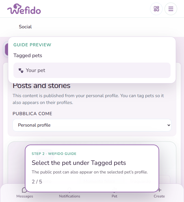 Add your pet to a breed or place page with tags: Under Tagged pets select your pet: the public post can also appear on its profile