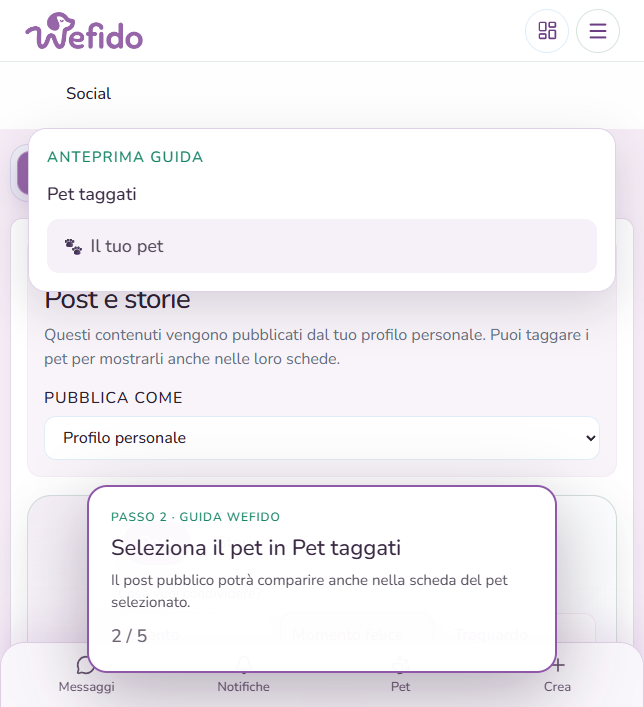 Aggiungere il pet a una scheda razza o a un luogo con i tag: In Pet taggati seleziona il pet: il post pubblico potrà comparire anche nella sua scheda