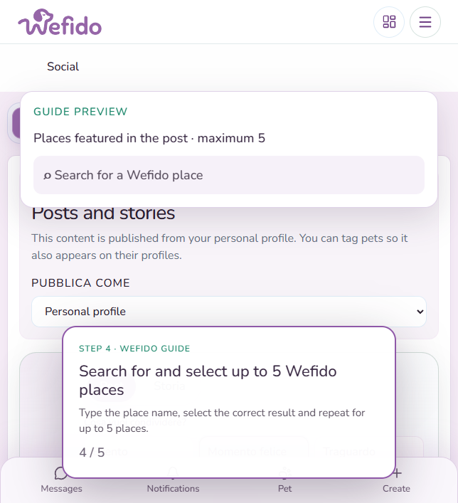 Add your pet to a breed or place page with tags: Under Places featured in the post search for and select up to 5 Wefido places: the public post can also appear on their pages
