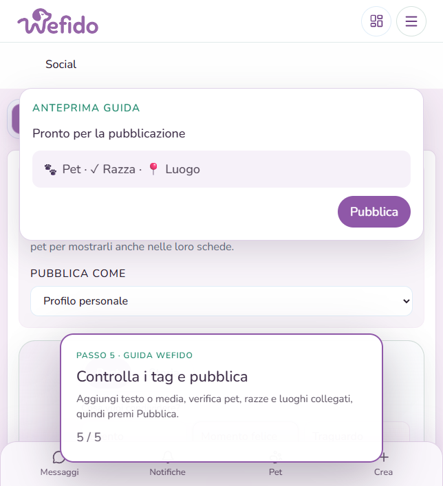 Aggiungere il pet a una scheda razza o a un luogo con i tag: Aggiungi testo, foto o video, controlla pet, razze e luoghi collegati, quindi pubblica il post