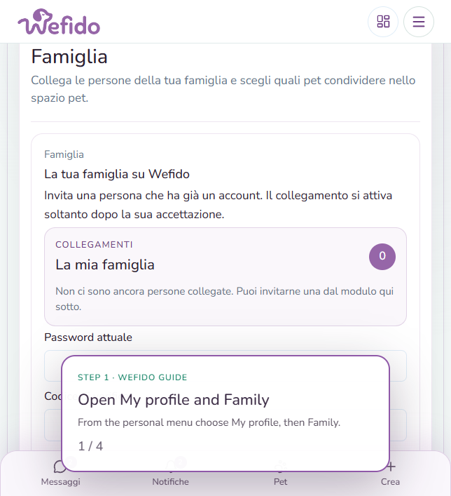 Add a family member on Wefido: Open My profile and choose Family