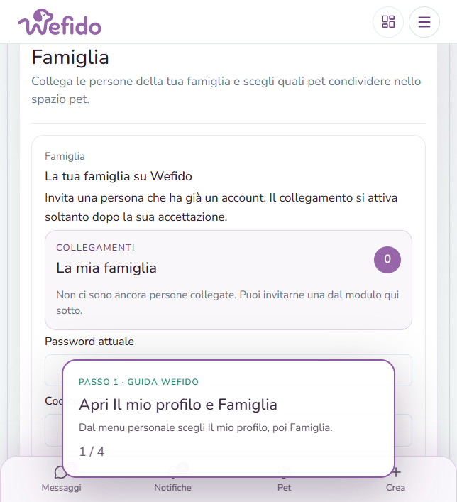 Aggiungere un familiare su Wefido: Apri Il mio profilo e scegli Famiglia