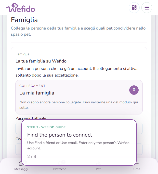 Add a family member on Wefido: Find the person among friends and followed profiles or use their email