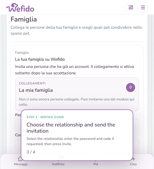 Add a family member on Wefido: Choose the relationship, reconfirm your identity and send the invitation