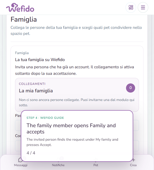 Add a family member on Wefido: The invited person opens Family, reconfirms their identity and accepts the request