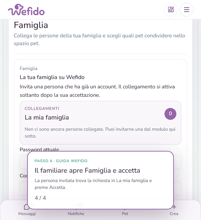 Aggiungere un familiare su Wefido: La persona invitata apre Famiglia, riconferma la propria identità e accetta la richiesta
