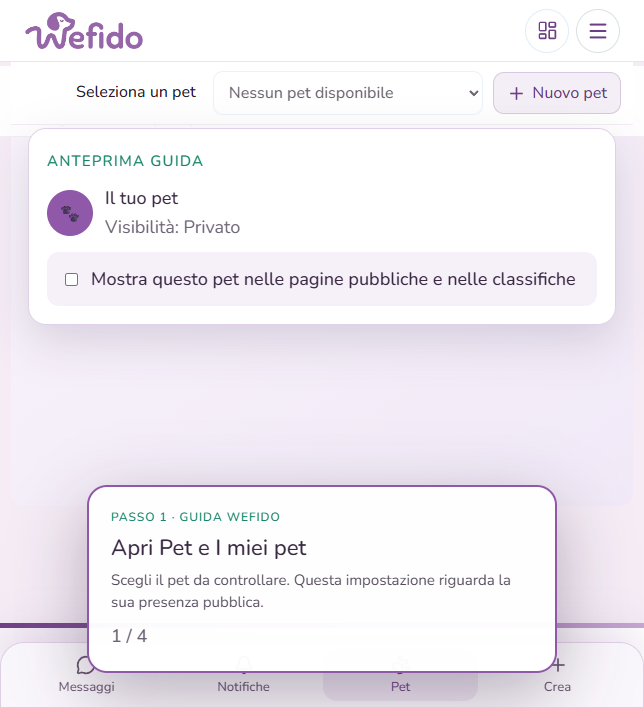 Privacy del pet: classifiche e famiglia: Apri Pet, I miei pet e scegli il pet da controllare