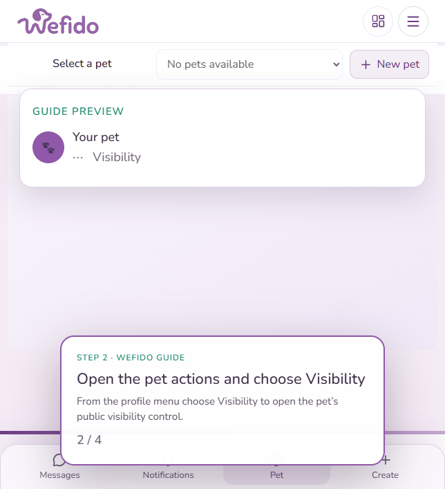 Pet privacy: rankings and family: From the profile menu select Visibility