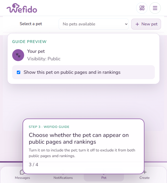 Pet privacy: rankings and family: Turn “Show this pet on public pages and in rankings” on to include the pet; turn it off to exclude the pet from both