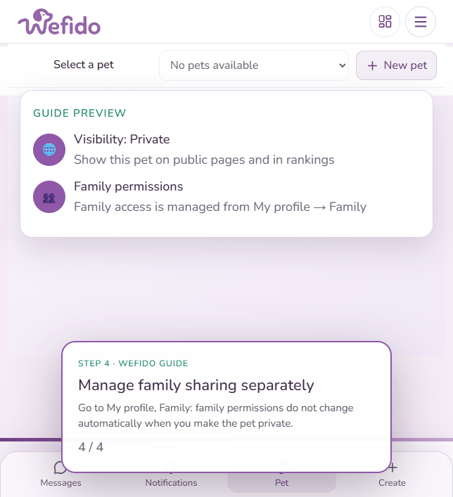 Pet privacy: rankings and family: Open My profile, Family to review family access and permissions separately