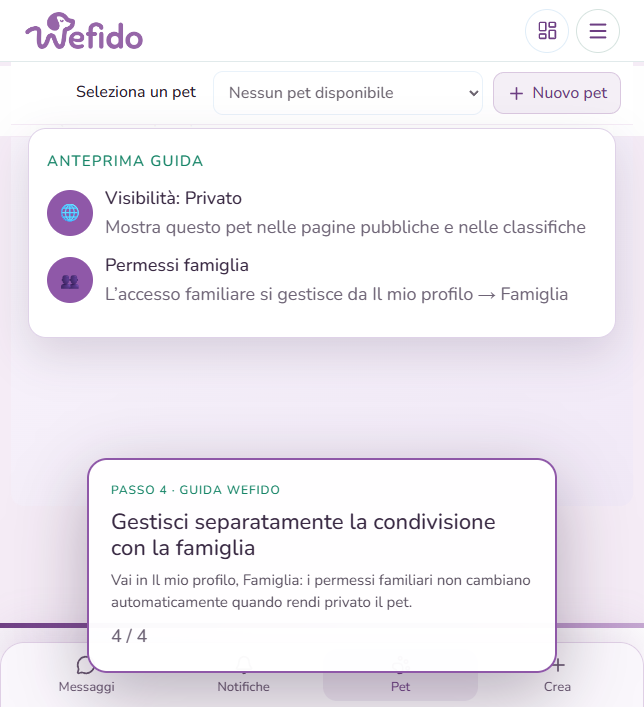 Privacy del pet: classifiche e famiglia: Apri Il mio profilo, Famiglia per controllare separatamente accessi e permessi dei familiari