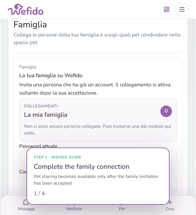 Share a pet with a family member on Wefido: Complete the connection first, then open My profile, Family