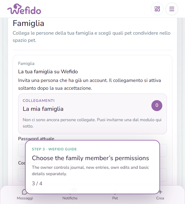 Share a pet with a family member on Wefido: The owner chooses permissions for the health journal, new entries and basic details