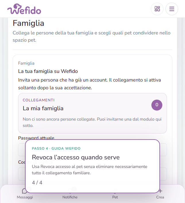 Condividere un pet con un familiare su Wefido: Revoca l’accesso al pet oppure rimuovi il collegamento quando la condivisione non serve più