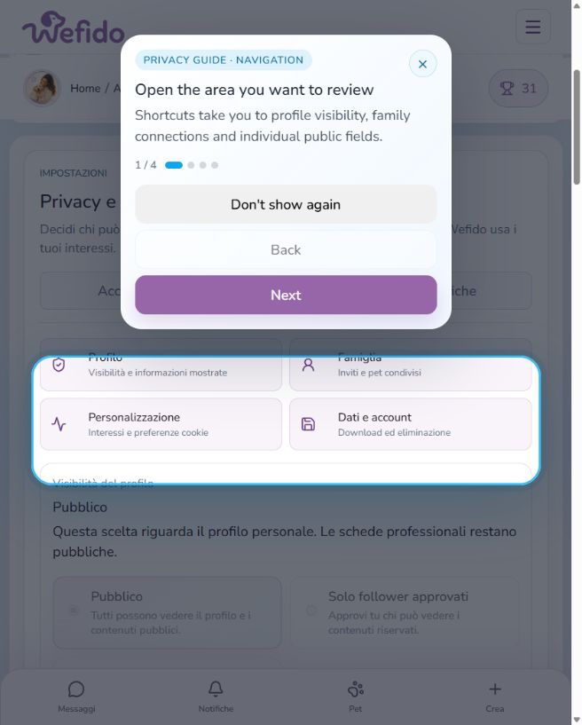 Manage privacy and sharing on Wefido: Open Privacy settings