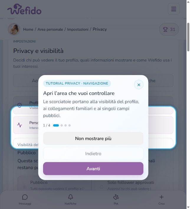 Gestire privacy e condivisioni su Wefido: Apri le impostazioni Privacy
