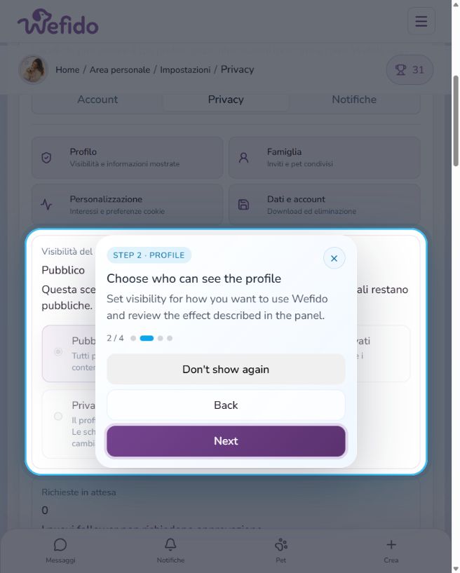 Manage privacy and sharing on Wefido: Choose profile visibility