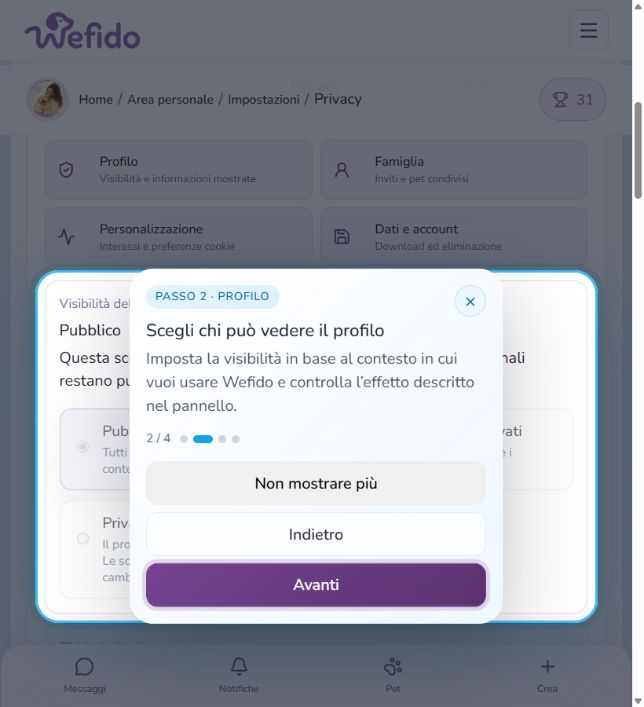 Gestire privacy e condivisioni su Wefido: Scegli la visibilità del profilo