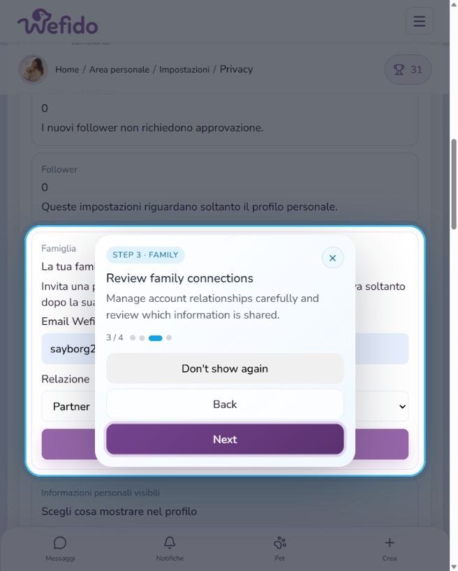 Manage privacy and sharing on Wefido: Review family connections