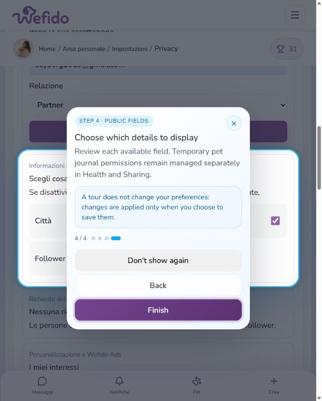 Manage privacy and sharing on Wefido: Choose which fields are public