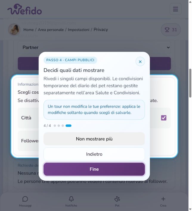 Gestire privacy e condivisioni su Wefido: Decidi quali campi rendere pubblici