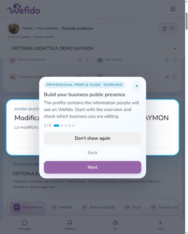 Create a professional profile on Wefido: Open the professional profile