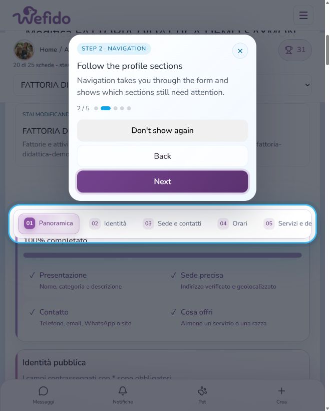 Create a professional profile on Wefido: Follow the sections on the page