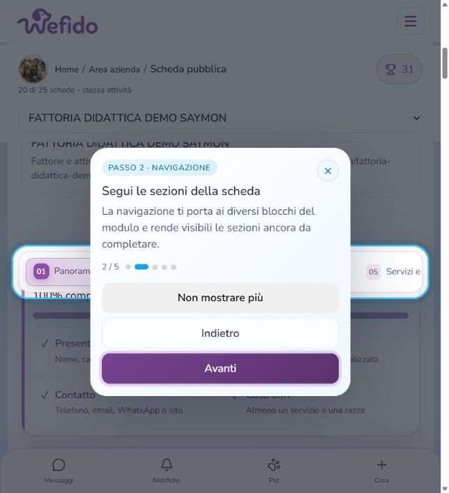 Creare una scheda professionale su Wefido: Segui le sezioni della pagina