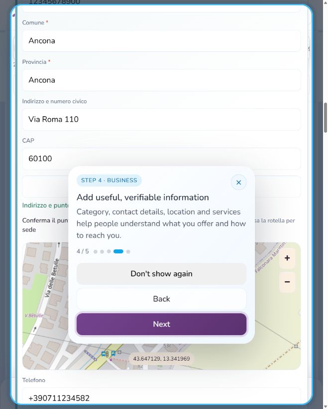 Create a professional profile on Wefido: Add business, contact and service details